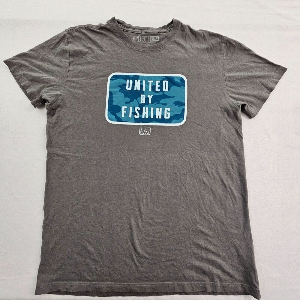 United by Fishing FinTech Gray Short Sleeve Cotton T-Shirt Men's L